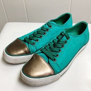 TWIGGY LONDON Womens SNEAKERS Satin Green Fabric Gold Leather Captoe SIZE 8.5